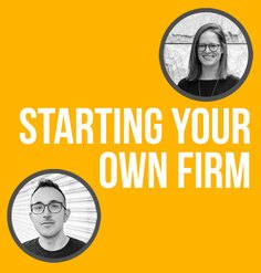 TEXT: "Starting Your Own Firm" on yellow background. Circular photo in top right of Nina Chase with grey border. Circular photo in bottom left of Chris Torres with grey border.