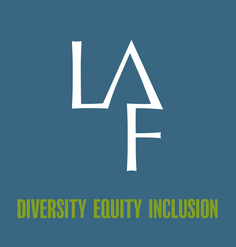 The LAF logo in white on a dark blue background with green text below "DIVERSITY EQUITY INCLUSION"