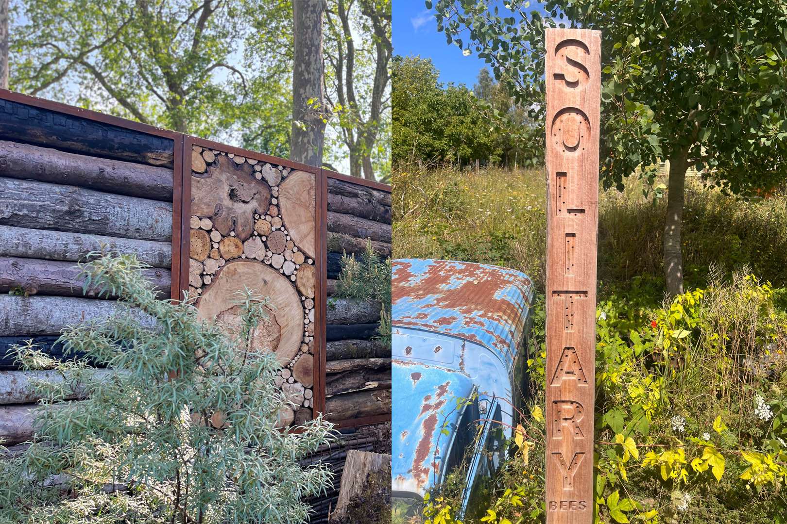 Two examples of insect habitats, one is a decorative panel made of stacked logs, the other is a wayfinding sign with holes created for solitary bee nesting