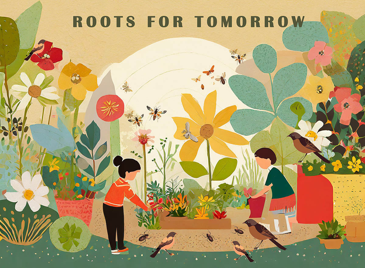 Illustrated poster of children working in a garden full of flowers, birds, and bugs