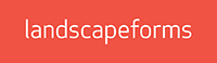 Landscape Forms logo featuring white lowercase text on a reddish rectangular background