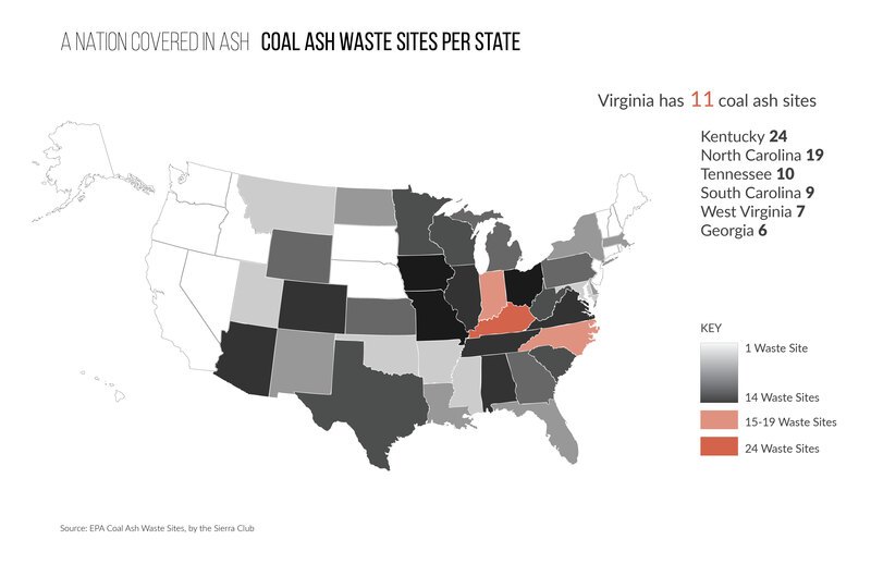 A map of coal ash waste sites in the United States