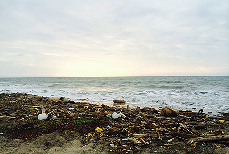 A shoreline covered with refuse