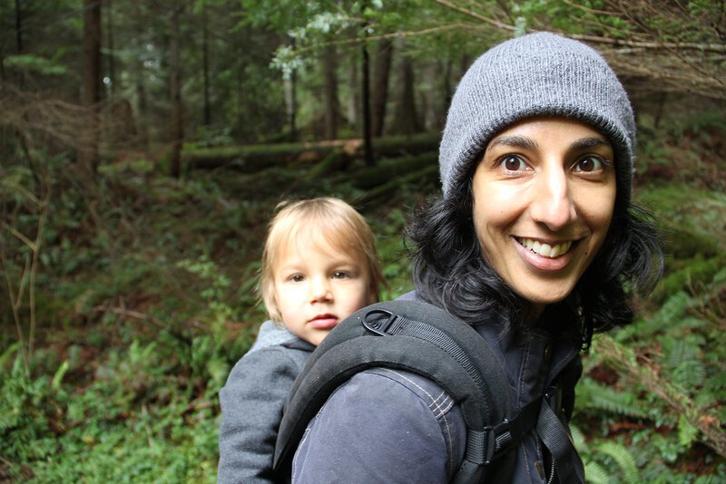 An image of Vinita Sidhu hiking with one of her children