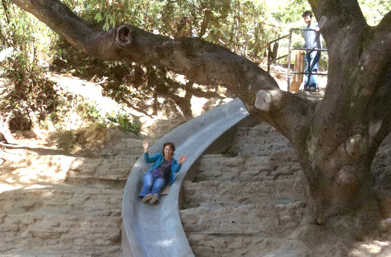 Andrea Gaffney rides down a slide that wraps around a large tree while another person looks on