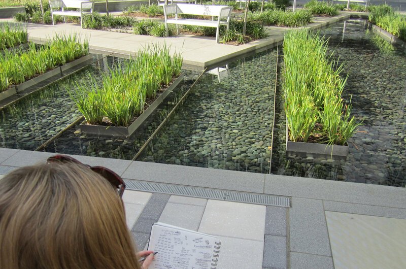 A researcher takes counts and notes in an urban plaza