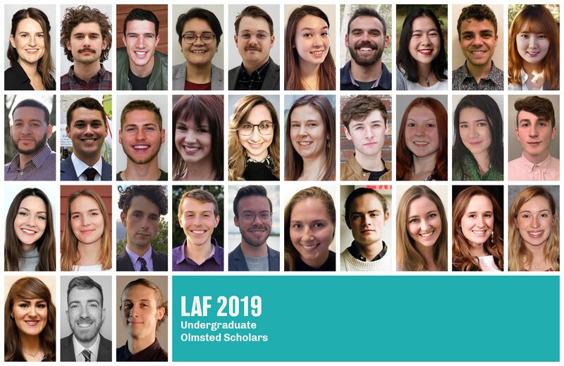 Grid with headshots of the 33 undergraduate 2019 LAF Olmsted Scholars