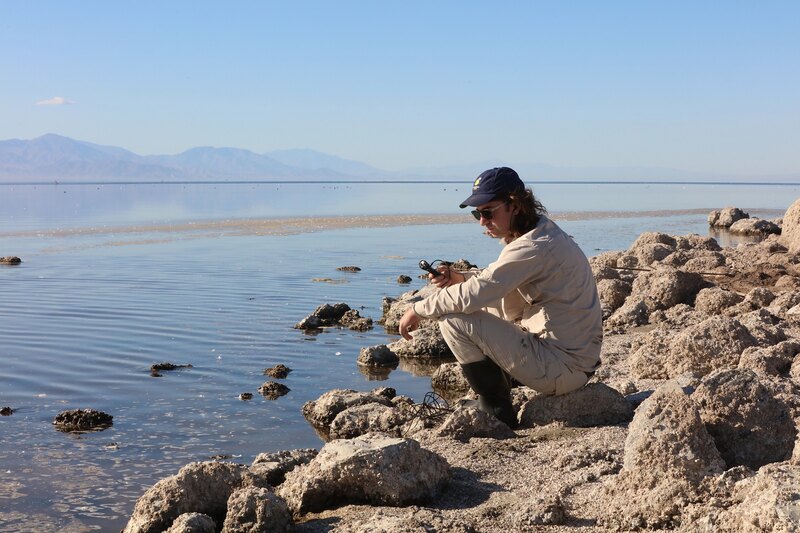 Hans Baumann recording sounds at the edge of the Salton Sea