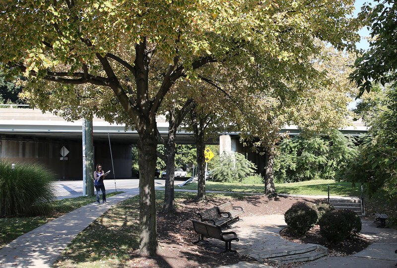 A researcher standing in a park adjacent to a freeway makes notes