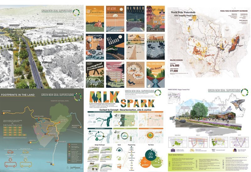 Images from 6 of the Superstudio projects showing maps, diagrams, and visualizations