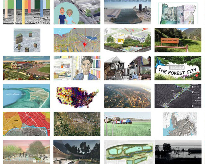 Grid of 24 images of Superstudio project submissions showing a variety of work including maps, photos, sketches, and visualizations