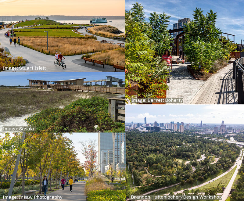 A collage of five landscape projects selected for the 2022 CSI program