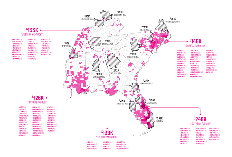 A map of the Southeast U.S. showing median home values in 5 disaster hotspots compared to major metropolitan statistical areas