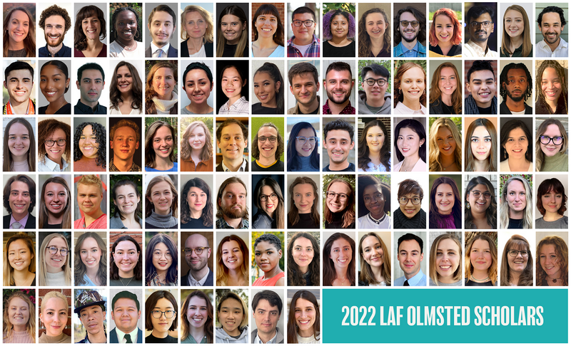 Grid of 89 headshots of each of the 2022 LAF Olmsted Scholars
