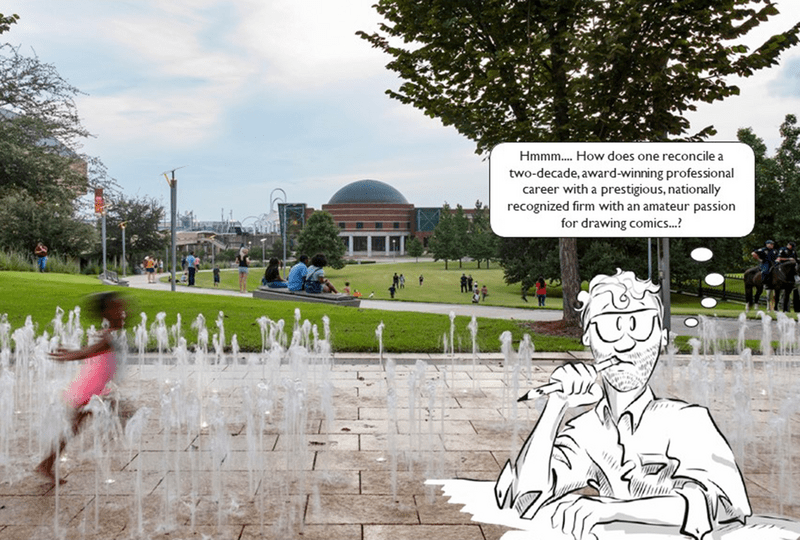 Joe James is illustrated in front of a fountain.