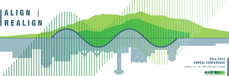 A graphic of green hills over an upside down city