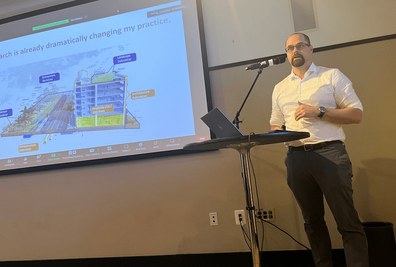 Chris Hardy delivers a presentation on carbon accounting during the LAF Fellowship for Innovation and Leadership residency.