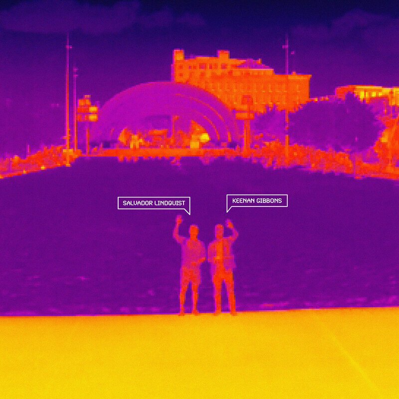 A heat map image taken slightly above street level that shows the outlines of two people, identified in labels as Salvador Lindquist and Keenan Gibbons