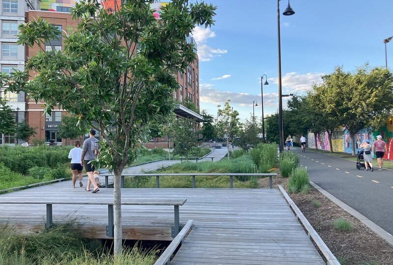 People walk along a raised wood walkway over plantings and along an adjacent asphalt trail