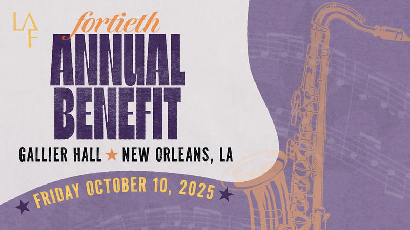 Graphic with a gold saxophone on a purple background and text: fortieth ANNUAL BENEFIT | Gallier Hall | New Orleans, LA
