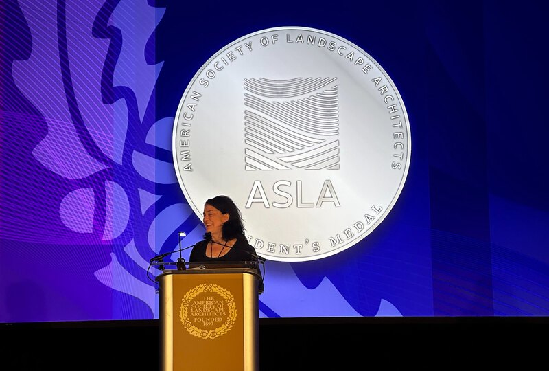LAF CEO Barbara Deutsch on stage receiving the ASLA President's Medal