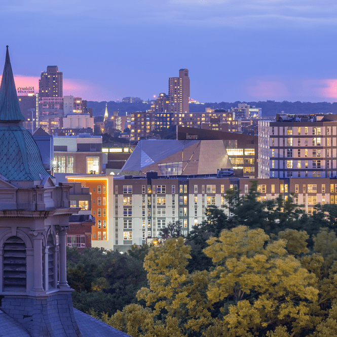 The Minneapolis skyline at dusk. 
