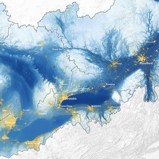 A map showing the Great Lakes - St. Lawrence River Watershed and the urban centers within it