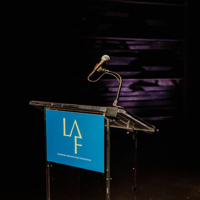 A podium with the Landscape Architecture Foundation logo