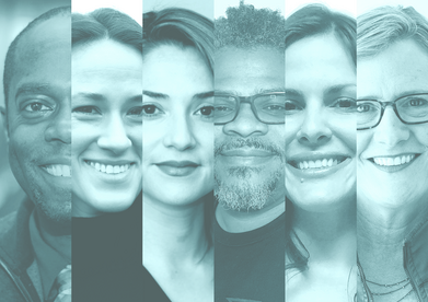 Vertical slices with headshots of each of the six LAF Fellows in black and white with a light blue overlay