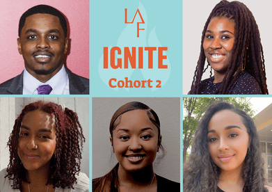 A grid of 5 headshots with text saying "LAF Ignite Cohort 2"