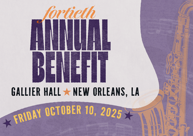 Graphic with a gold saxophone on a purple background and text: fortieth ANNUAL BENEFIT | Gallier Hall | New Orleans, LA