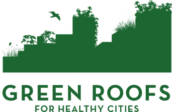 green silhouette logo with plants and birds and the words Green Roofs for Healthy Citities 