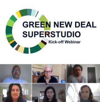Green New Deal Superstudio Kickoff Webinar text and thumbnail images of presenters