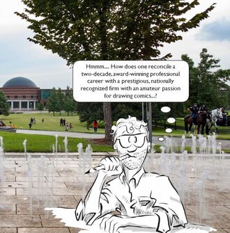An illustration of Joe James in front of a fountain.