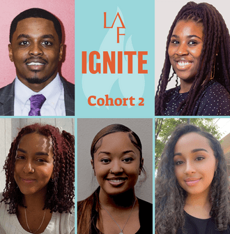 A grid of 5 headshots with text saying "LAF Ignite Cohort 2"