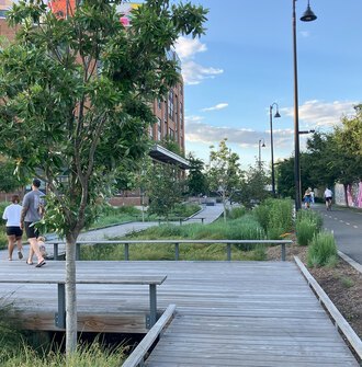 People walk along a raised wood walkway over plantings and along an adjacent asphalt trail