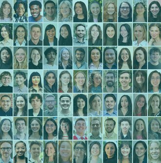 A grid of headshots of 77 of the 2025 LAF Olmsted Scholars with an aqua blue overlay
