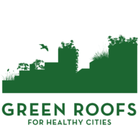 green and white silhouette logo with plants and birds and words Green Roofs for Healthy Cities