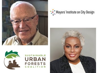 Collage of Headshots and logos of the award winners: Bill Johnson, Sustainable Urban Forests Coalition, Mayors' Institute on City Design, and Karen Phillips