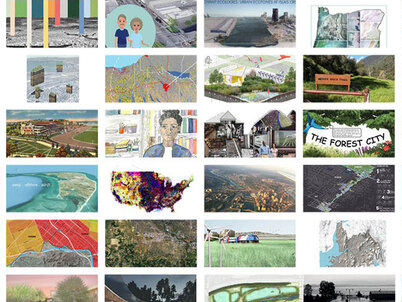 Grid of 24 images of Superstudio project submissions showing a variety of work including maps, photos, sketches, and visualizations