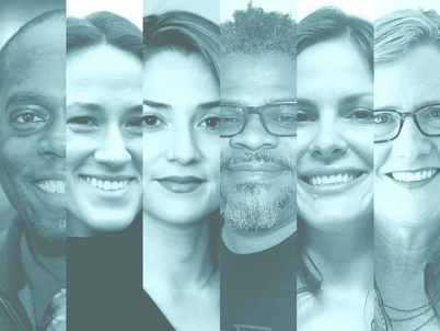 Vertical slices with headshots of each of the six LAF Fellows in black and white with a light blue overlay