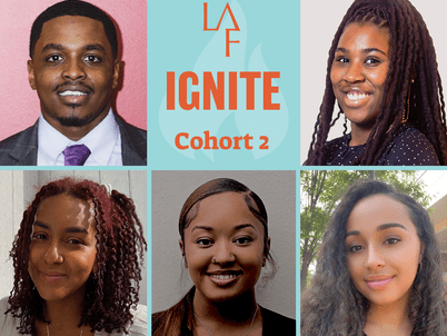 A grid of 5 headshots with text saying "LAF Ignite Cohort 2"