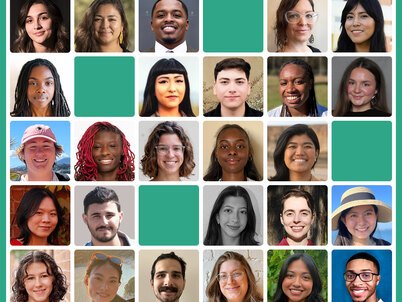 A 6x5 grid of 26 headshots of the 2025 scholarship winners, interspersed with 4 green-blue squares