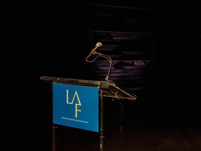 A podium with the Landscape Architecture Foundation logo