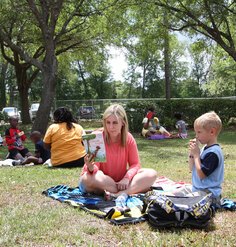 Visitors enjoying a reading garden