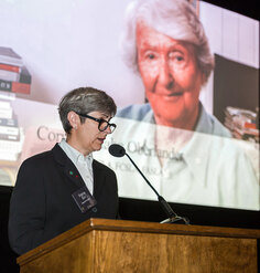 Virginia Burt accepts the LAF Medal on behalf of Cornelia Hahn Oberlander