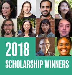 A headshot grid of the 2018 LAF scholarship winners and the text "2018 SCHOLARSHIP WINNERS"
