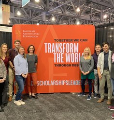 LAF staff, Board Member Rebecca Bradley, and Board Emeritus Kona Gray pose in front of the LAF booth at ASLA 2018