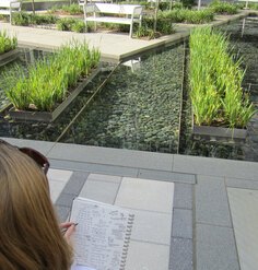 A researcher takes counts and notes in an urban plaza