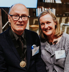 Joseph Brown receives the LAF Medal accompanied by Jacinta McCann